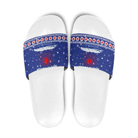 North Korea Christmas Slide Sandals with Blue Pattern, Red Star, and Snowy Mountain Motif - Wonder Print Shop