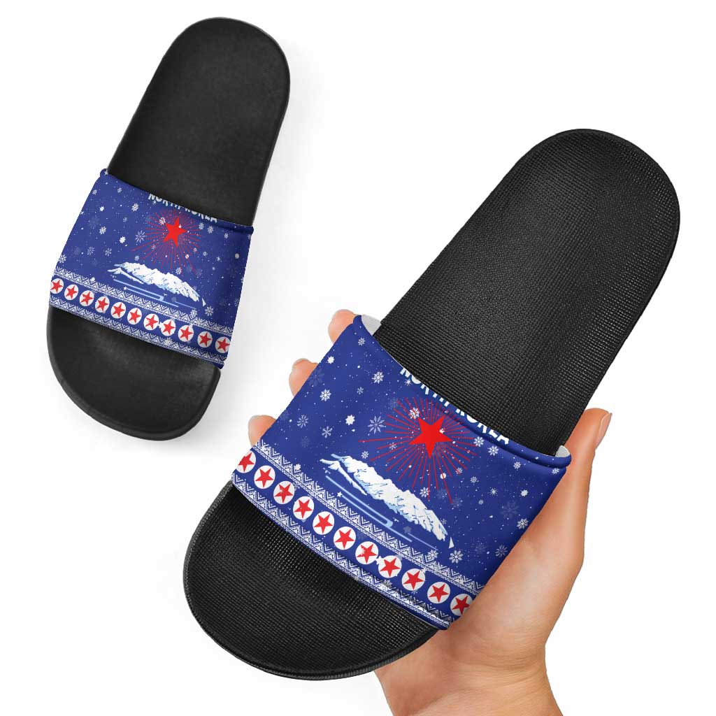 North Korea Christmas Slide Sandals with Blue Pattern, Red Star, and Snowy Mountain Motif - Wonder Print Shop
