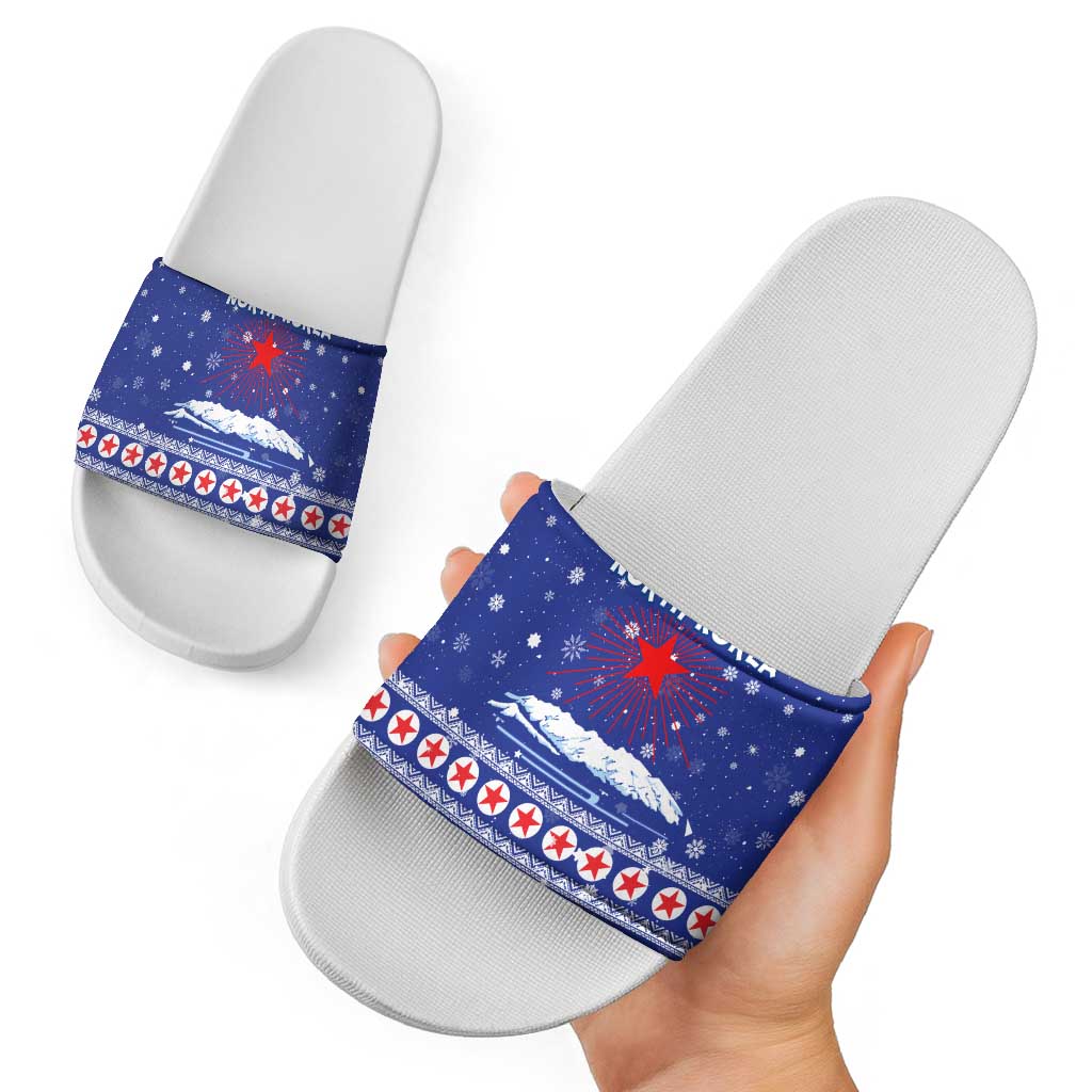 North Korea Christmas Slide Sandals with Blue Pattern, Red Star, and Snowy Mountain Motif - Wonder Print Shop
