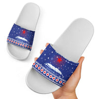 North Korea Christmas Slide Sandals with Blue Pattern, Red Star, and Snowy Mountain Motif - Wonder Print Shop