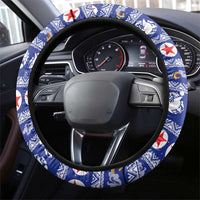 North Korea Christmas Steering Wheel Cover with Blue Pattern, Red Star, and Snowy Mountain Motif - Wonder Print Shop