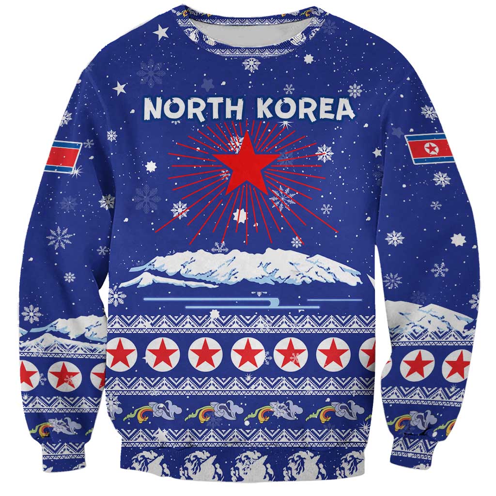 North Korea Christmas Sweatshirt with Blue Pattern, Red Star, and Snowy Mountain Motif - Wonder Print Shop