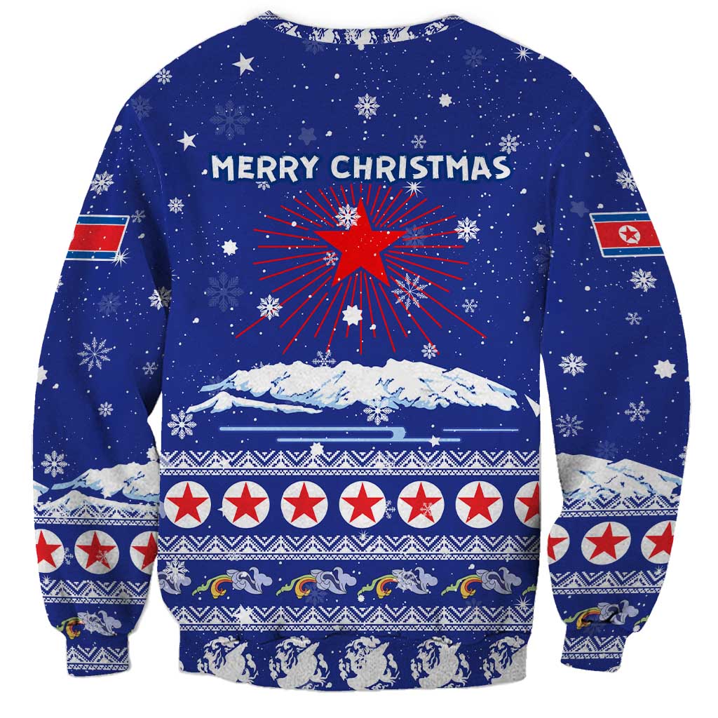 North Korea Christmas Sweatshirt with Blue Pattern, Red Star, and Snowy Mountain Motif - Wonder Print Shop