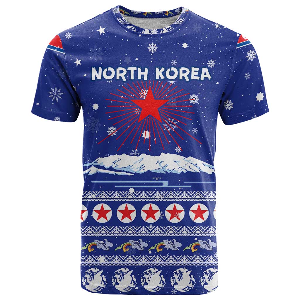 North Korea Christmas T Shirt with Blue Pattern, Red Star, and Snowy Mountain Motif - Wonder Print Shop