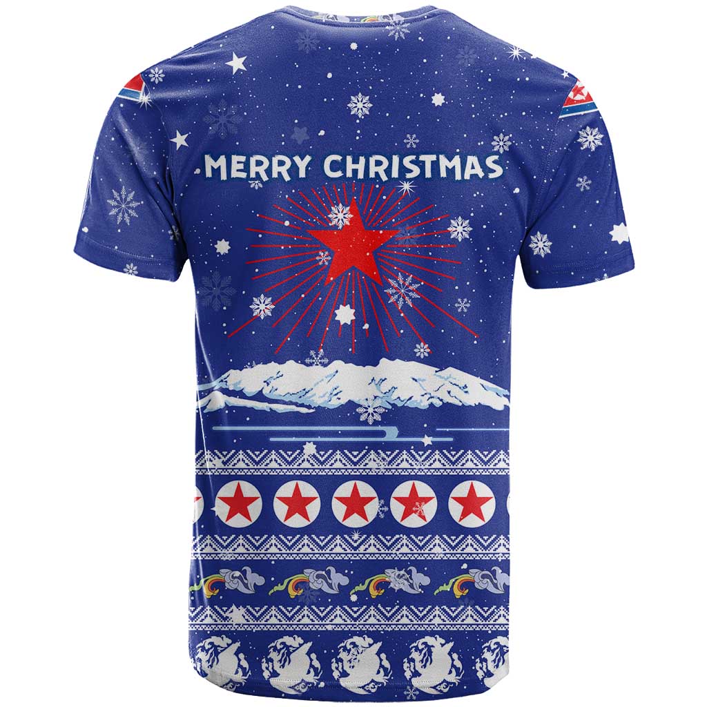 North Korea Christmas T Shirt with Blue Pattern, Red Star, and Snowy Mountain Motif - Wonder Print Shop