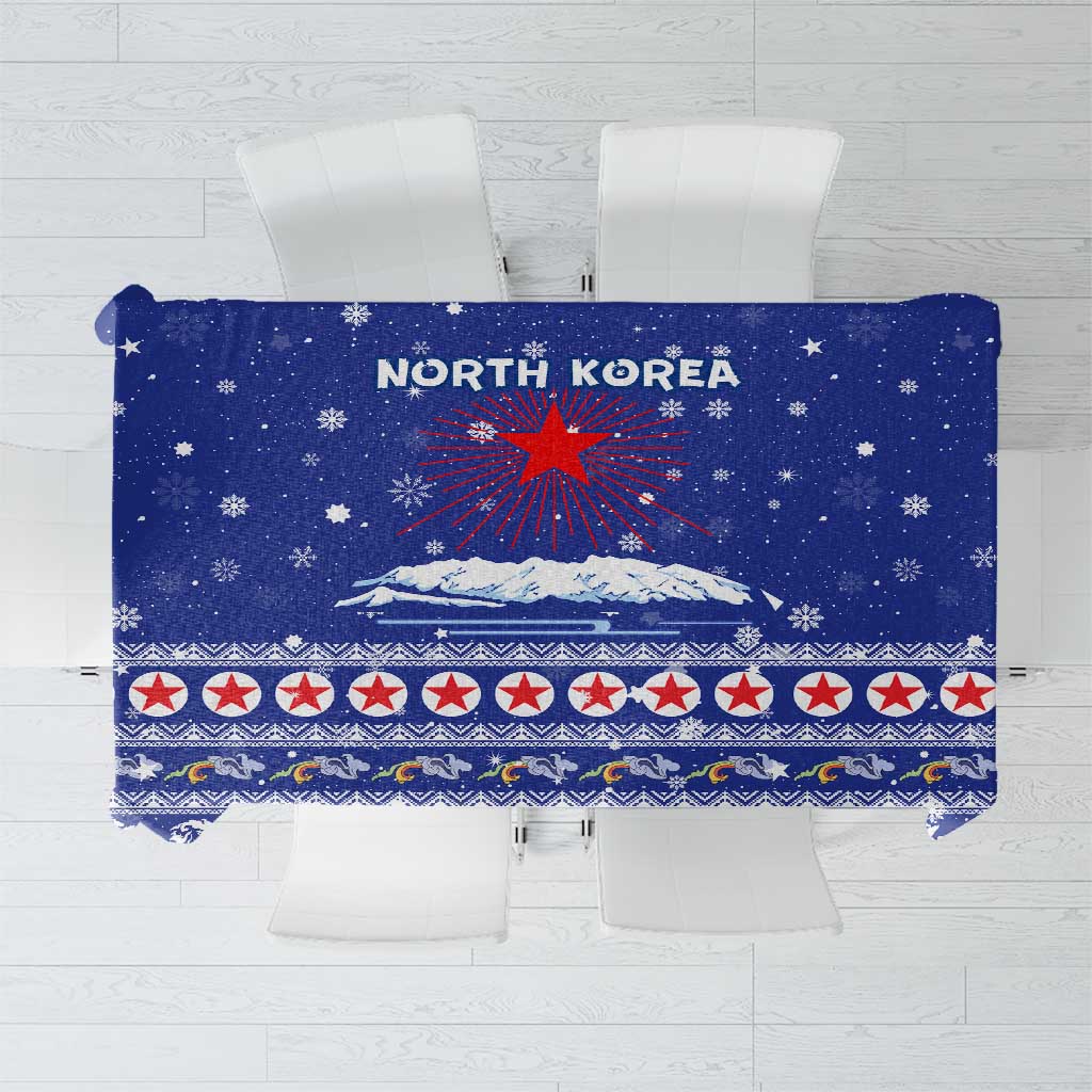 North Korea Christmas Tablecloth with Blue Pattern, Red Star, and Snowy Mountain Motif - Wonder Print Shop