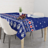 North Korea Christmas Tablecloth with Blue Pattern, Red Star, and Snowy Mountain Motif - Wonder Print Shop