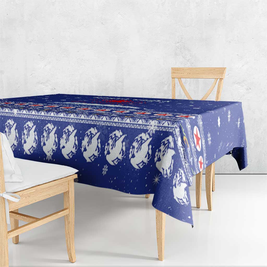 North Korea Christmas Tablecloth with Blue Pattern, Red Star, and Snowy Mountain Motif - Wonder Print Shop