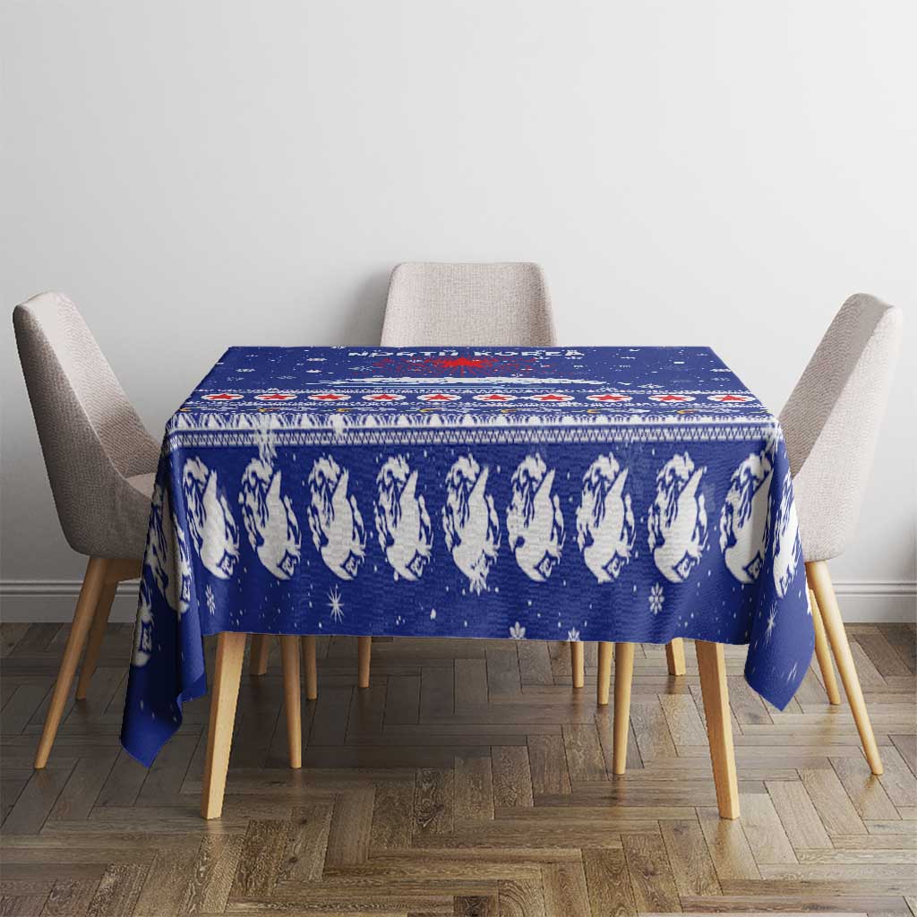 North Korea Christmas Tablecloth with Blue Pattern, Red Star, and Snowy Mountain Motif - Wonder Print Shop