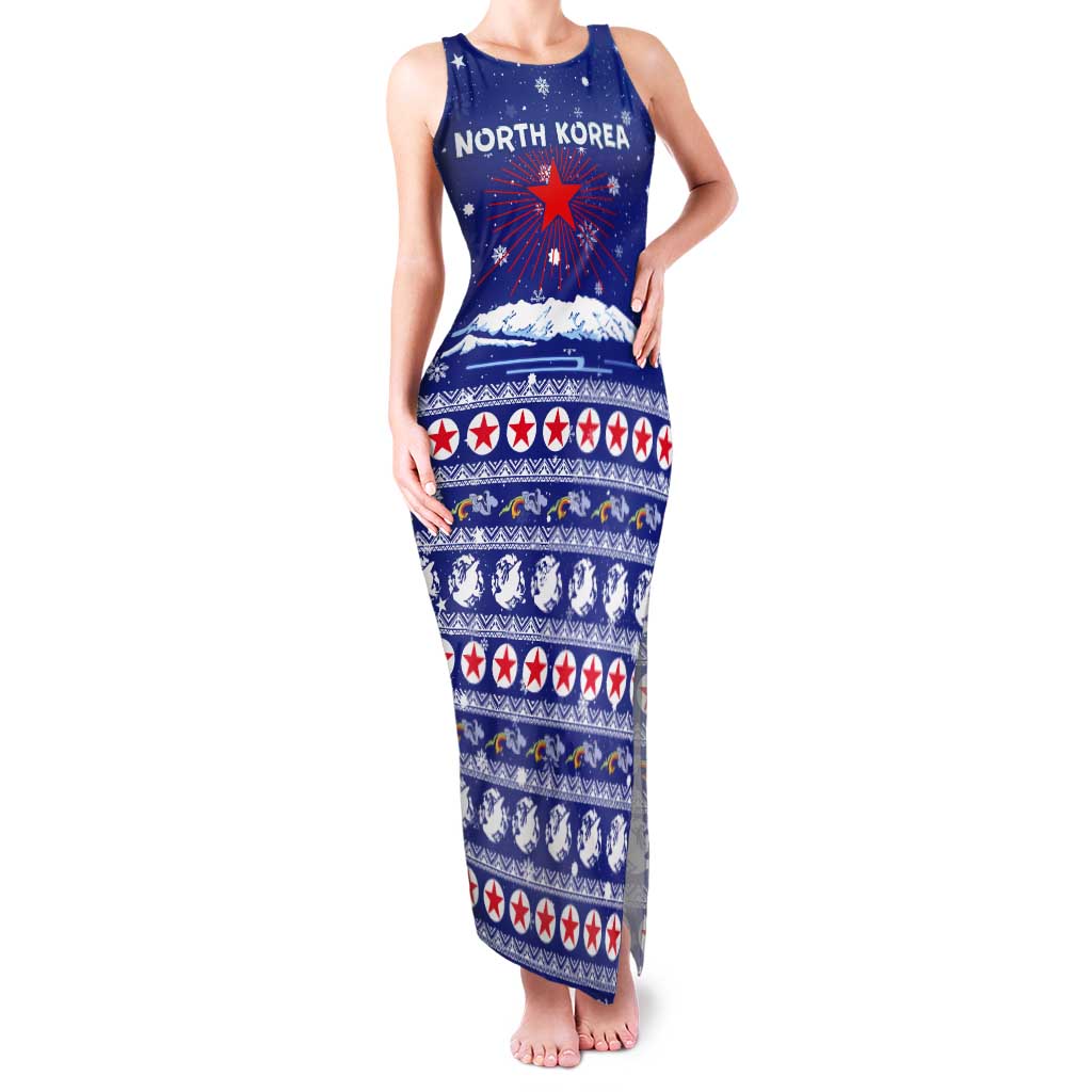 North Korea Christmas Tank Maxi Dress with Blue Pattern, Red Star, and Snowy Mountain Motif - Wonder Print Shop
