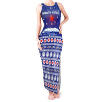 North Korea Christmas Tank Maxi Dress with Blue Pattern, Red Star, and Snowy Mountain Motif - Wonder Print Shop