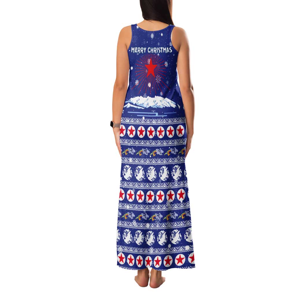North Korea Christmas Tank Maxi Dress with Blue Pattern, Red Star, and Snowy Mountain Motif - Wonder Print Shop