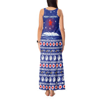 North Korea Christmas Tank Maxi Dress with Blue Pattern, Red Star, and Snowy Mountain Motif - Wonder Print Shop