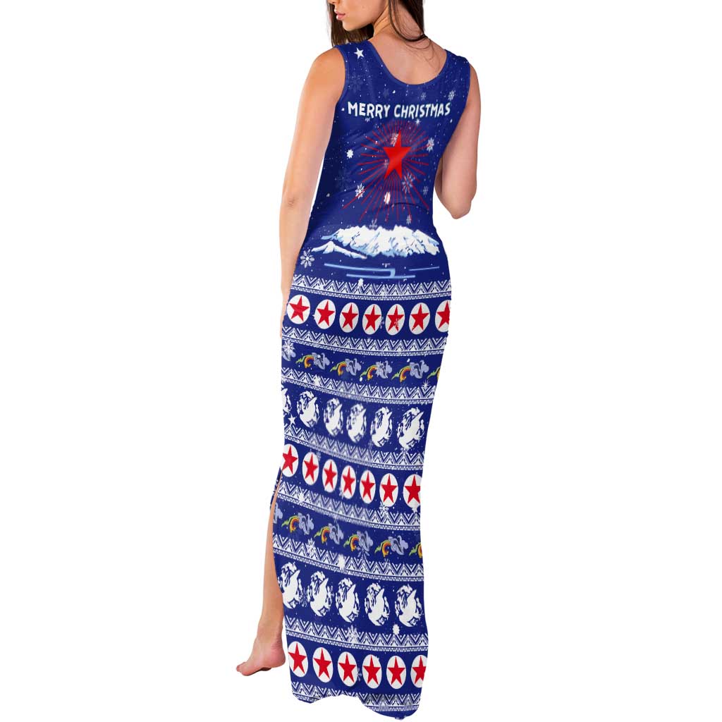 North Korea Christmas Tank Maxi Dress with Blue Pattern, Red Star, and Snowy Mountain Motif - Wonder Print Shop