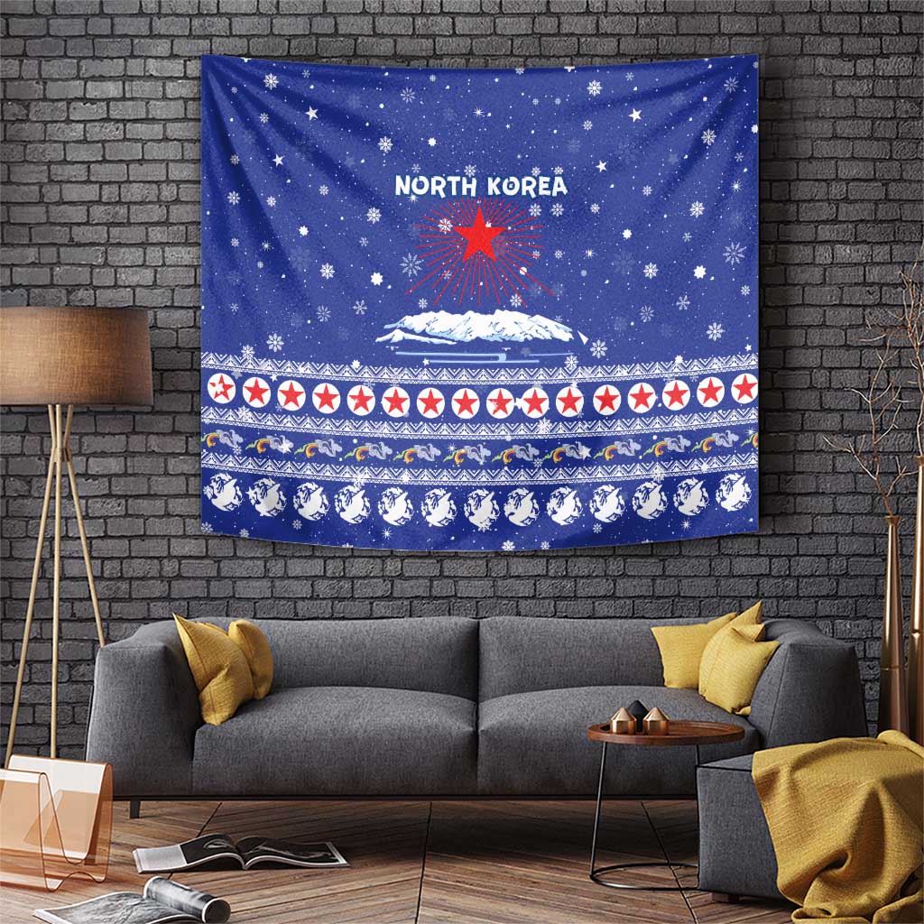 North Korea Christmas Tapestry with Blue Pattern, Red Star, and Snowy Mountain Motif - Wonder Print Shop