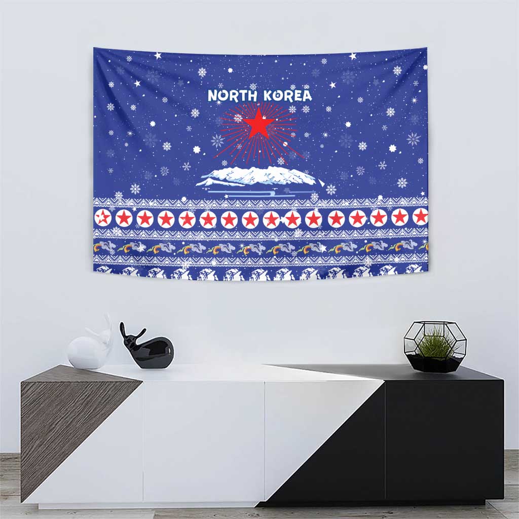 North Korea Christmas Tapestry with Blue Pattern, Red Star, and Snowy Mountain Motif - Wonder Print Shop