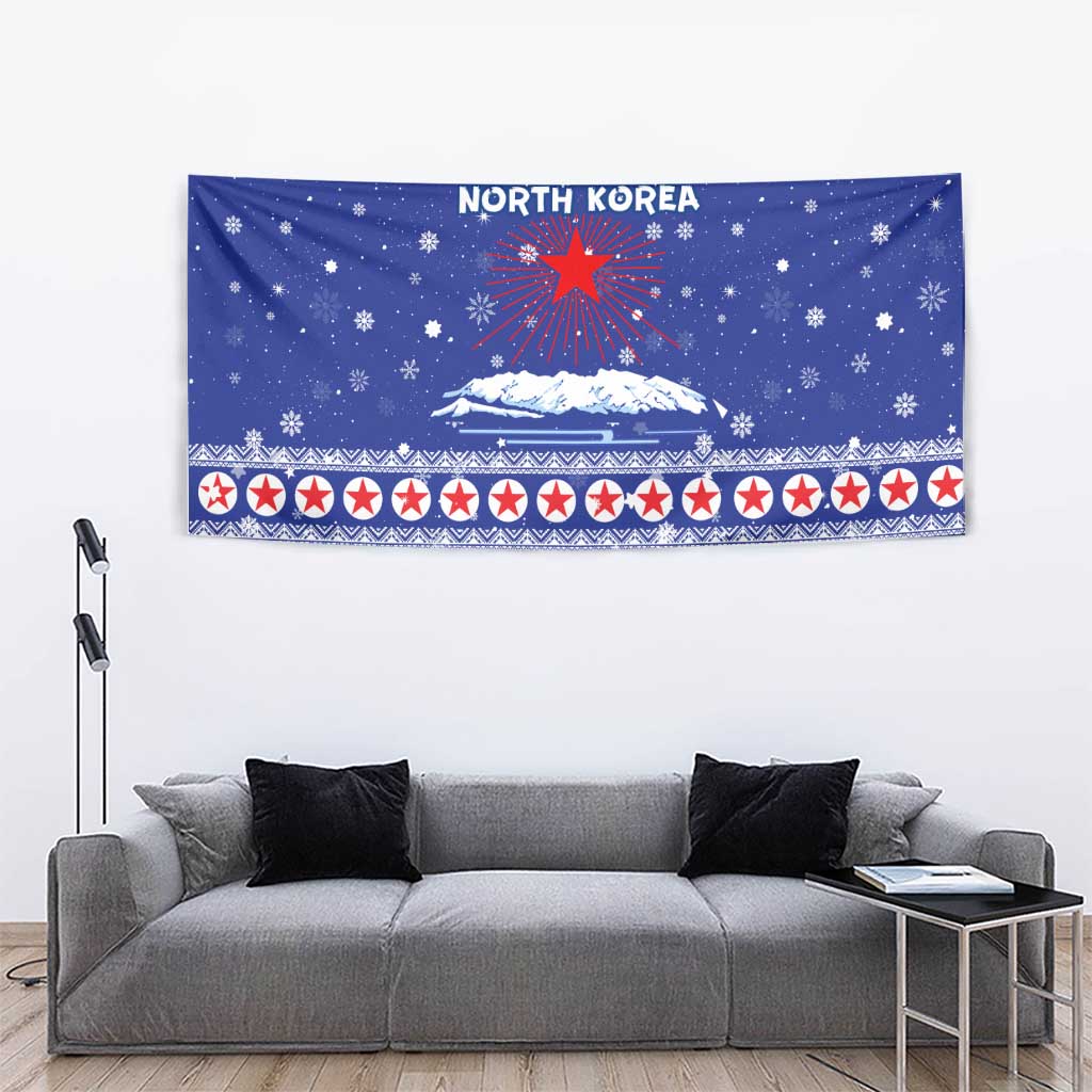 North Korea Christmas Tapestry with Blue Pattern, Red Star, and Snowy Mountain Motif - Wonder Print Shop