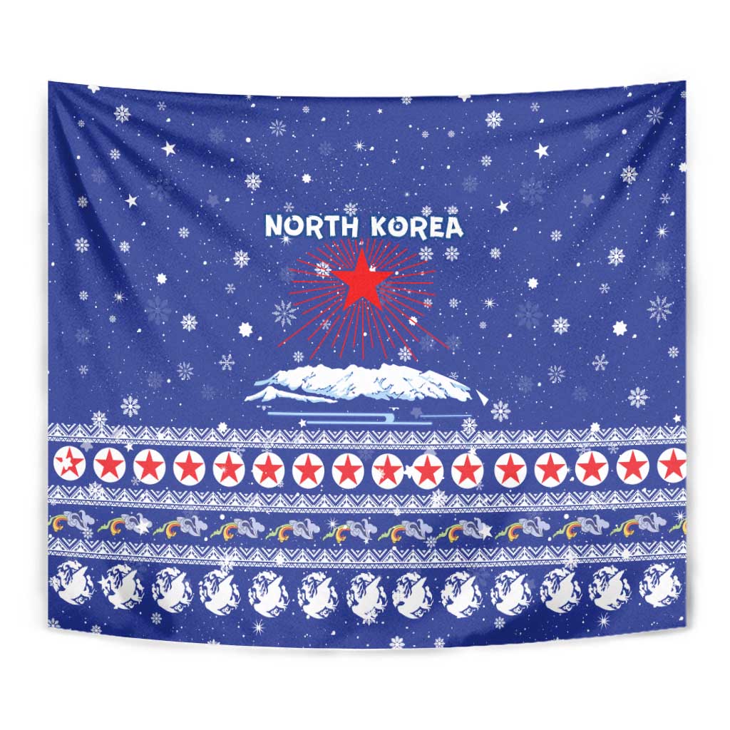 North Korea Christmas Tapestry with Blue Pattern, Red Star, and Snowy Mountain Motif - Wonder Print Shop