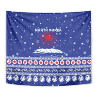North Korea Christmas Tapestry with Blue Pattern, Red Star, and Snowy Mountain Motif - Wonder Print Shop