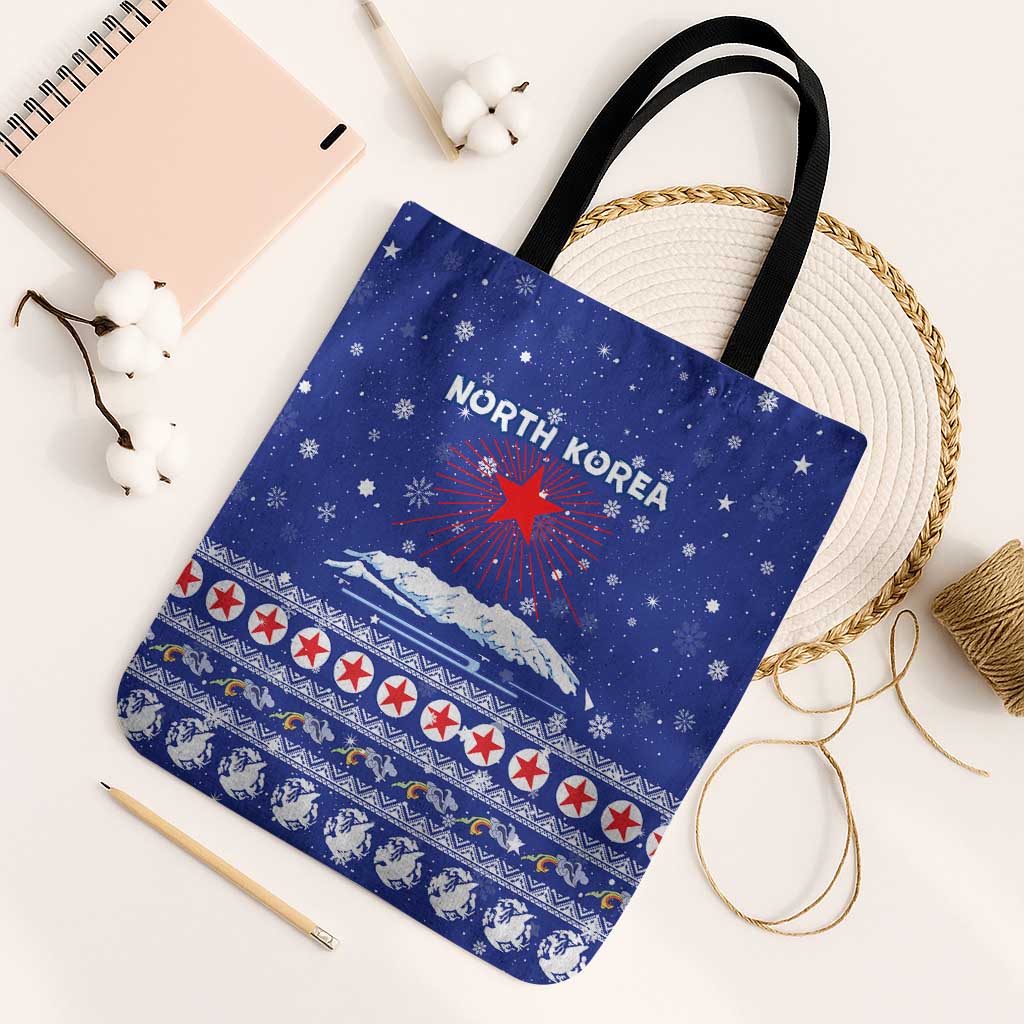 North Korea Christmas Tote Bag with Blue Pattern, Red Star, and Snowy Mountain Motif - Wonder Print Shop