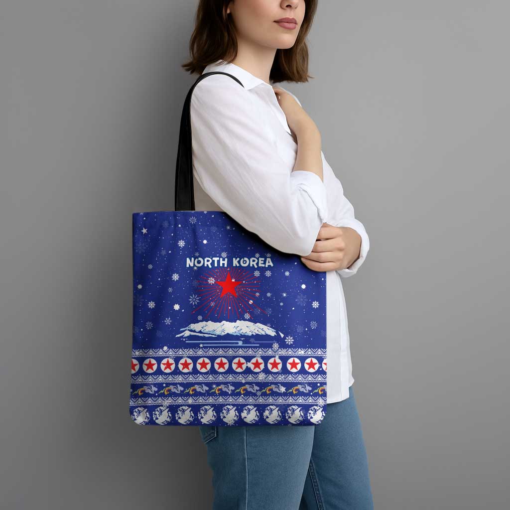 North Korea Christmas Tote Bag with Blue Pattern, Red Star, and Snowy Mountain Motif - Wonder Print Shop