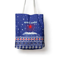 North Korea Christmas Tote Bag with Blue Pattern, Red Star, and Snowy Mountain Motif - Wonder Print Shop