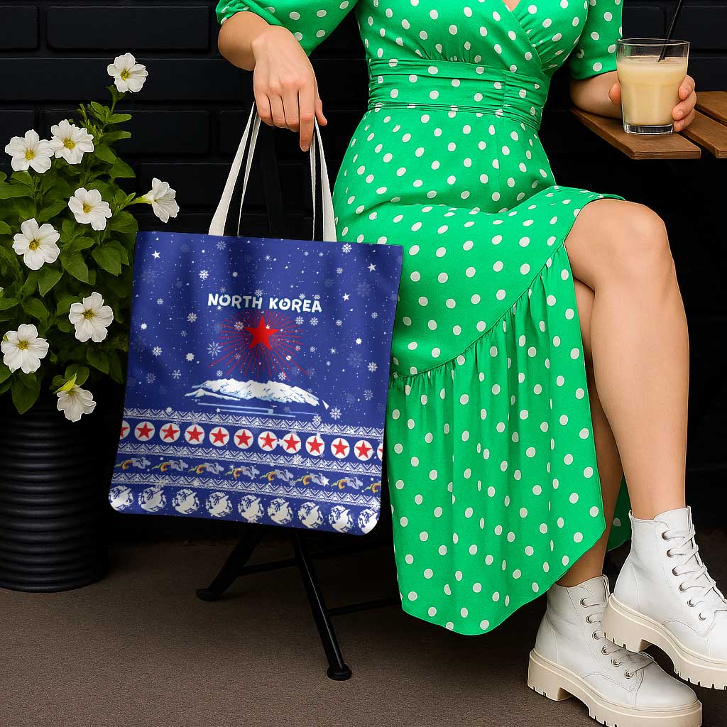 North Korea Christmas Tote Bag with Blue Pattern, Red Star, and Snowy Mountain Motif - Wonder Print Shop