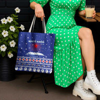 North Korea Christmas Tote Bag with Blue Pattern, Red Star, and Snowy Mountain Motif - Wonder Print Shop