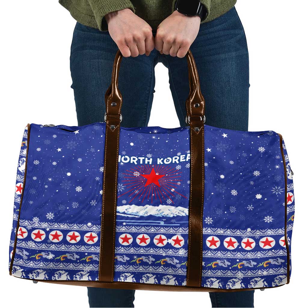 North Korea Christmas Travel Bag with Blue Pattern, Red Star, and Snowy Mountain Motif - Wonder Print Shop
