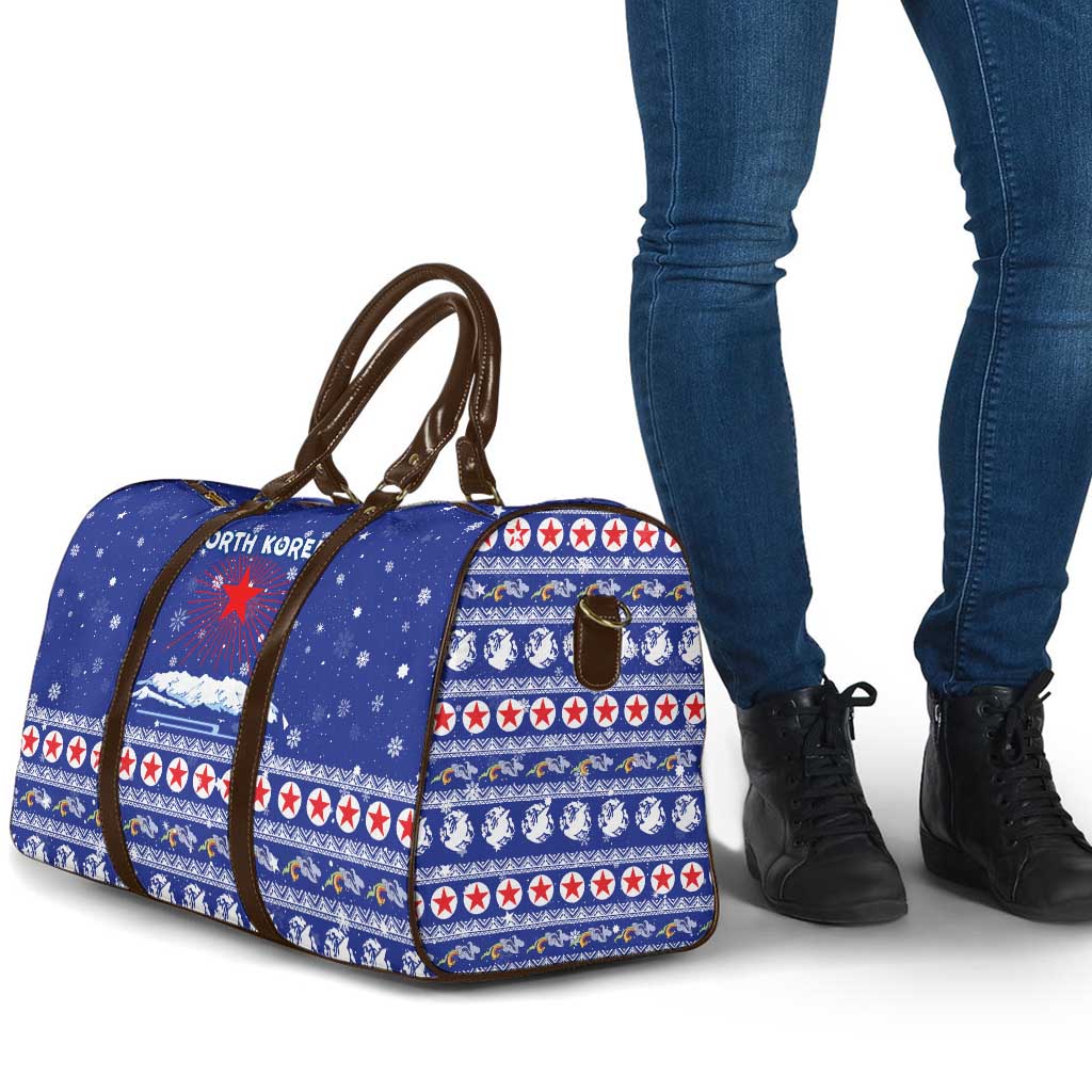 North Korea Christmas Travel Bag with Blue Pattern, Red Star, and Snowy Mountain Motif - Wonder Print Shop