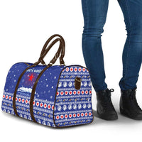 North Korea Christmas Travel Bag with Blue Pattern, Red Star, and Snowy Mountain Motif - Wonder Print Shop
