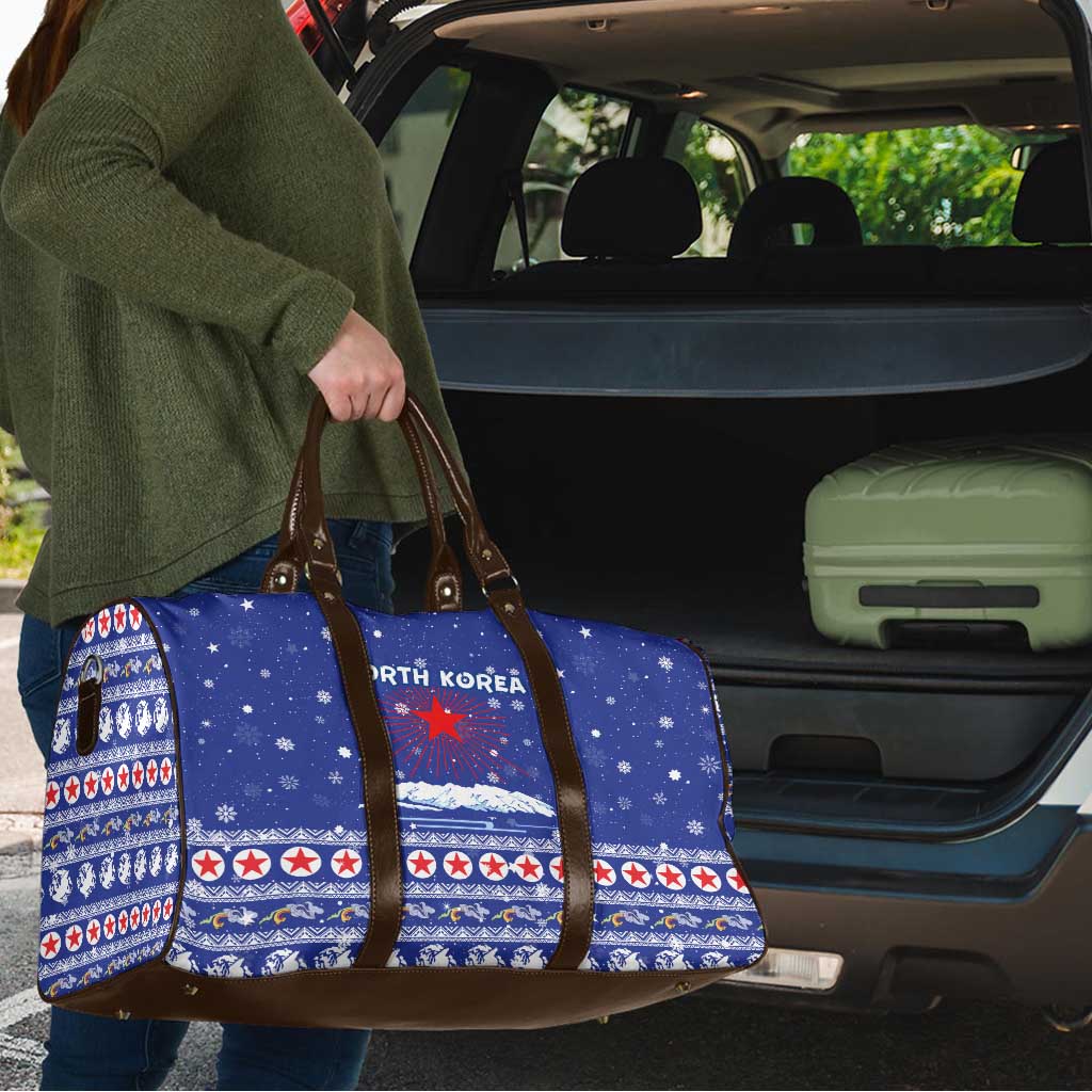 North Korea Christmas Travel Bag with Blue Pattern, Red Star, and Snowy Mountain Motif - Wonder Print Shop