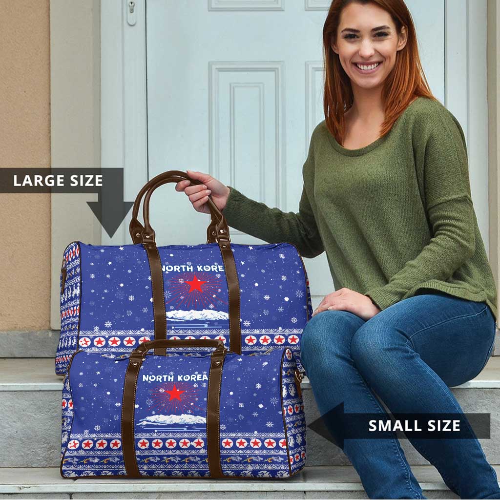 North Korea Christmas Travel Bag with Blue Pattern, Red Star, and Snowy Mountain Motif - Wonder Print Shop