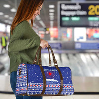 North Korea Christmas Travel Bag with Blue Pattern, Red Star, and Snowy Mountain Motif - Wonder Print Shop