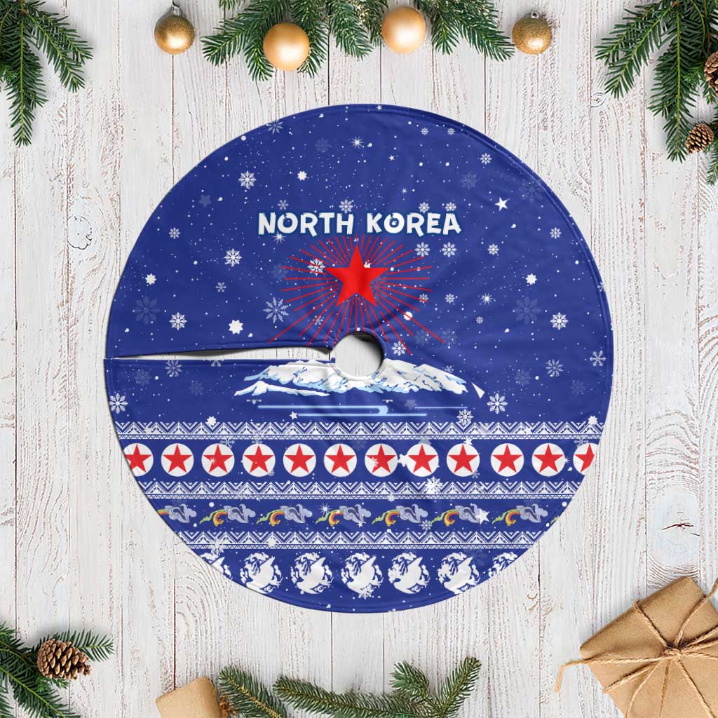 North Korea Christmas Tree Skirt with Blue Pattern, Red Star, and Snowy Mountain Motif - Wonder Print Shop