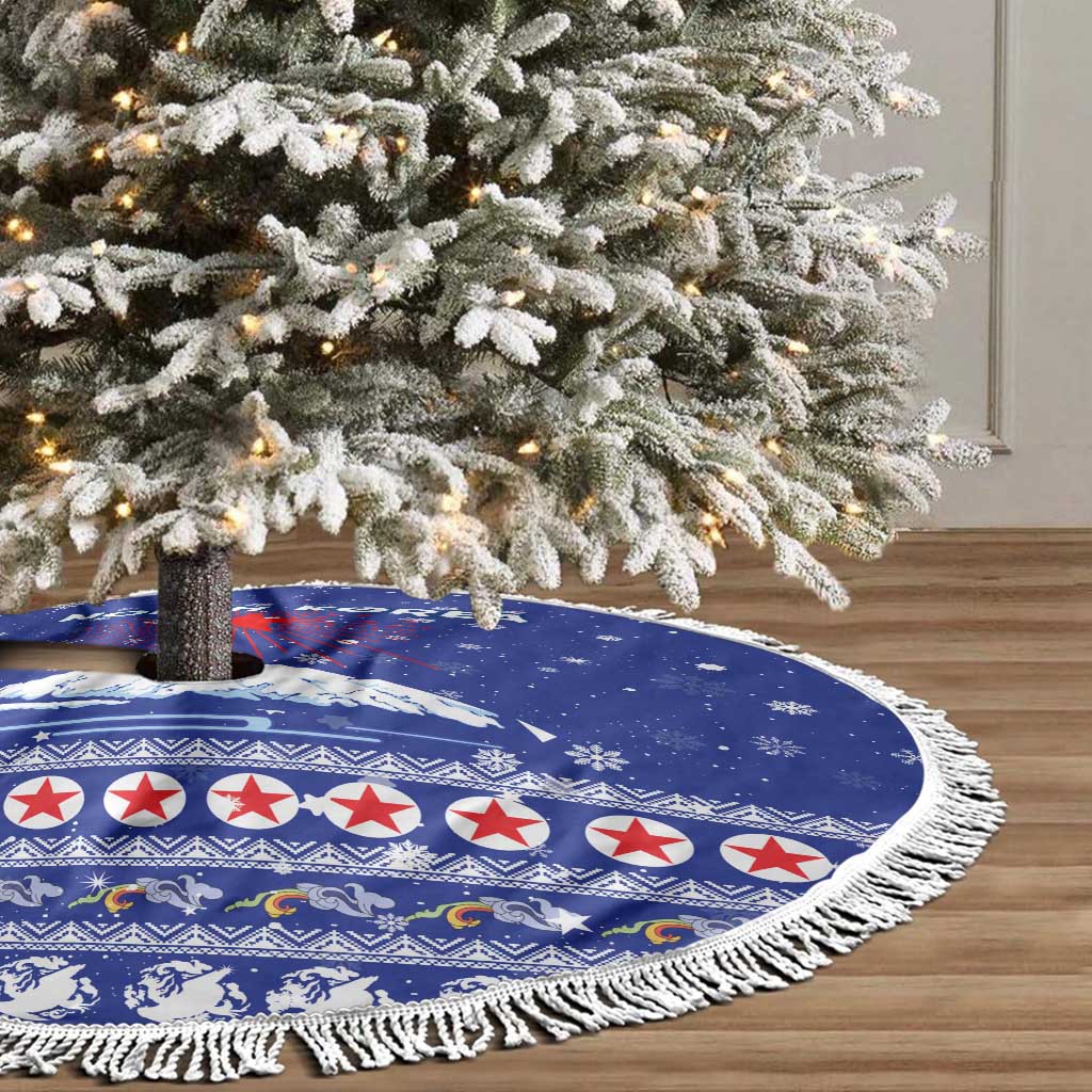 North Korea Christmas Tree Skirt with Blue Pattern, Red Star, and Snowy Mountain Motif - Wonder Print Shop