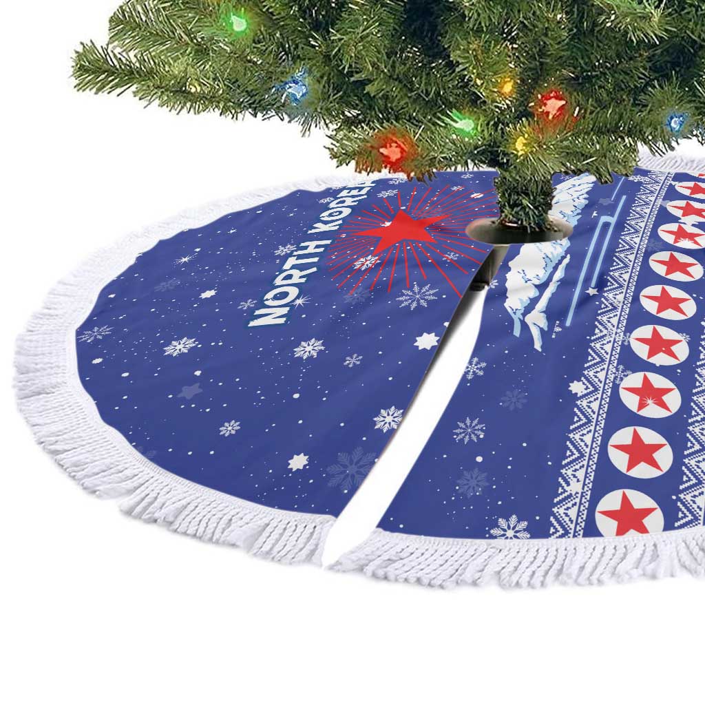 North Korea Christmas Tree Skirt with Blue Pattern, Red Star, and Snowy Mountain Motif - Wonder Print Shop