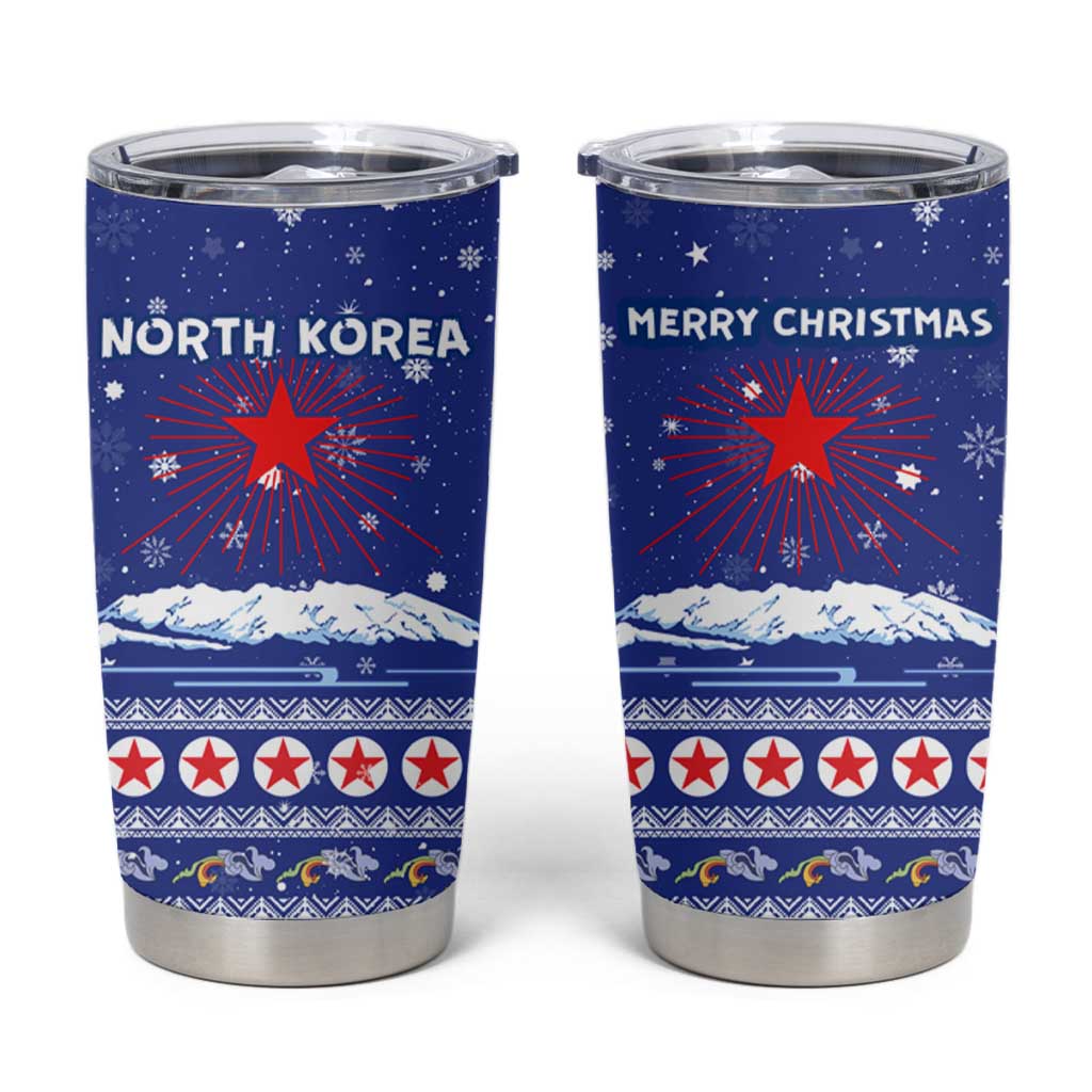 North Korea Christmas Tumbler Cup with Blue Pattern, Red Star, and Snowy Mountain Motif - Wonder Print Shop