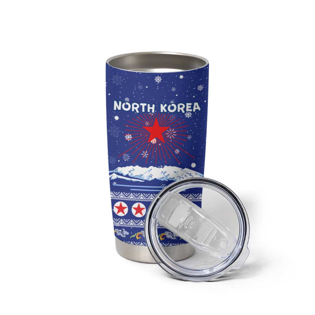 North Korea Christmas Tumbler Cup with Blue Pattern, Red Star, and Snowy Mountain Motif - Wonder Print Shop
