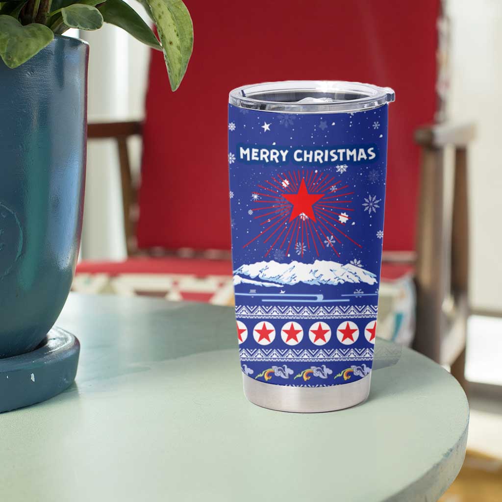 North Korea Christmas Tumbler Cup with Blue Pattern, Red Star, and Snowy Mountain Motif - Wonder Print Shop