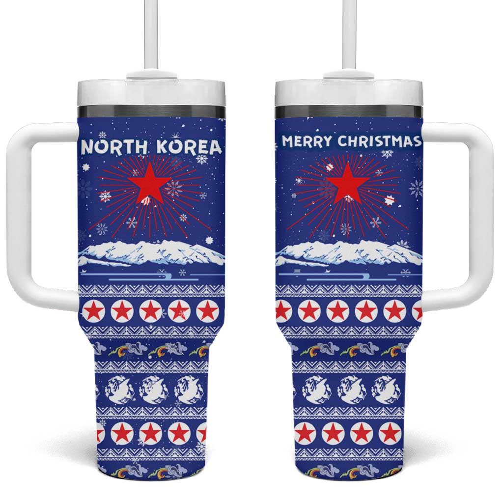 North Korea Christmas Tumbler With Handle with Blue Pattern, Red Star, and Snowy Mountain Motif - Wonder Print Shop