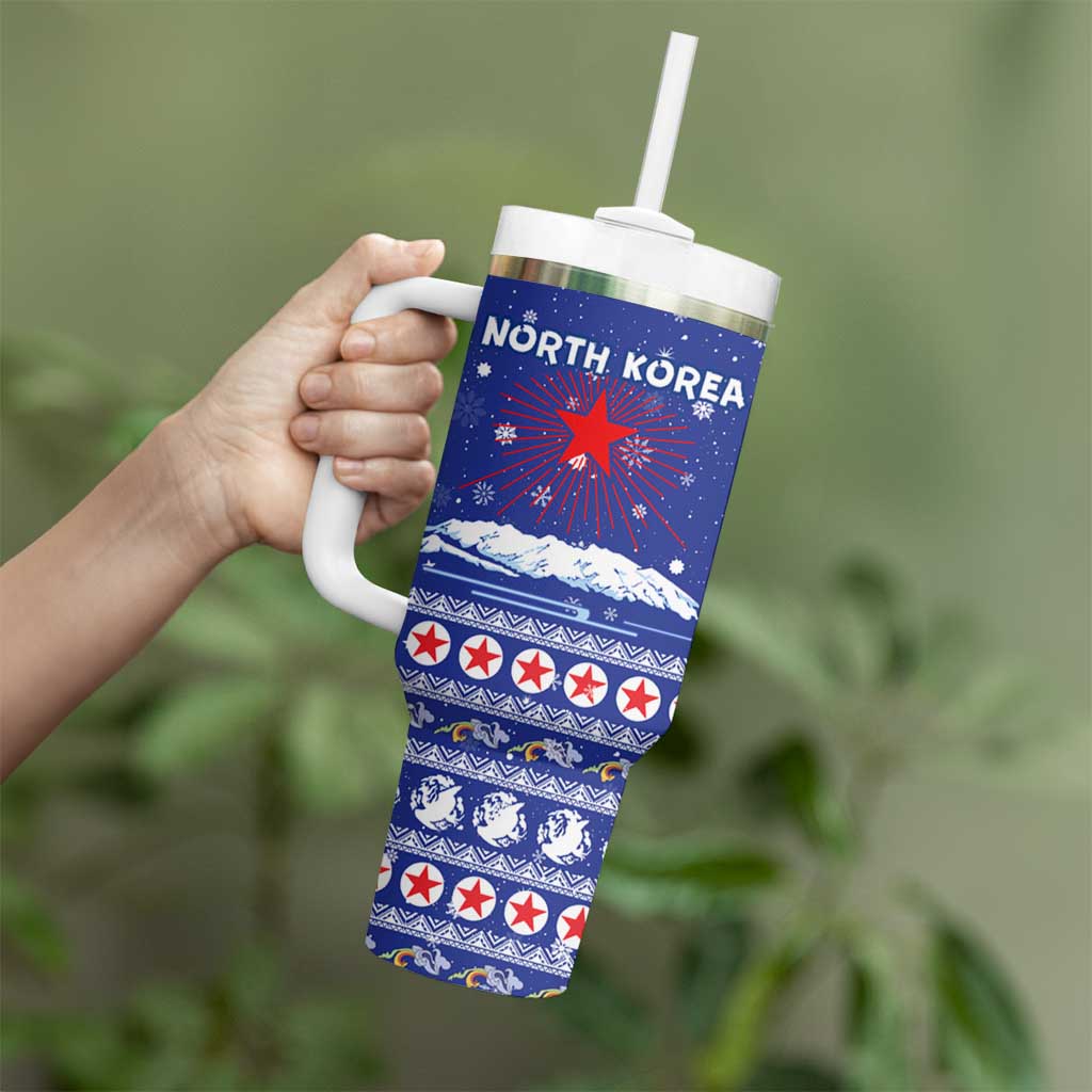 North Korea Christmas Tumbler With Handle with Blue Pattern, Red Star, and Snowy Mountain Motif - Wonder Print Shop
