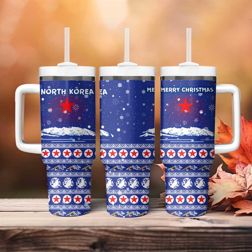 North Korea Christmas Tumbler With Handle with Blue Pattern, Red Star, and Snowy Mountain Motif - Wonder Print Shop