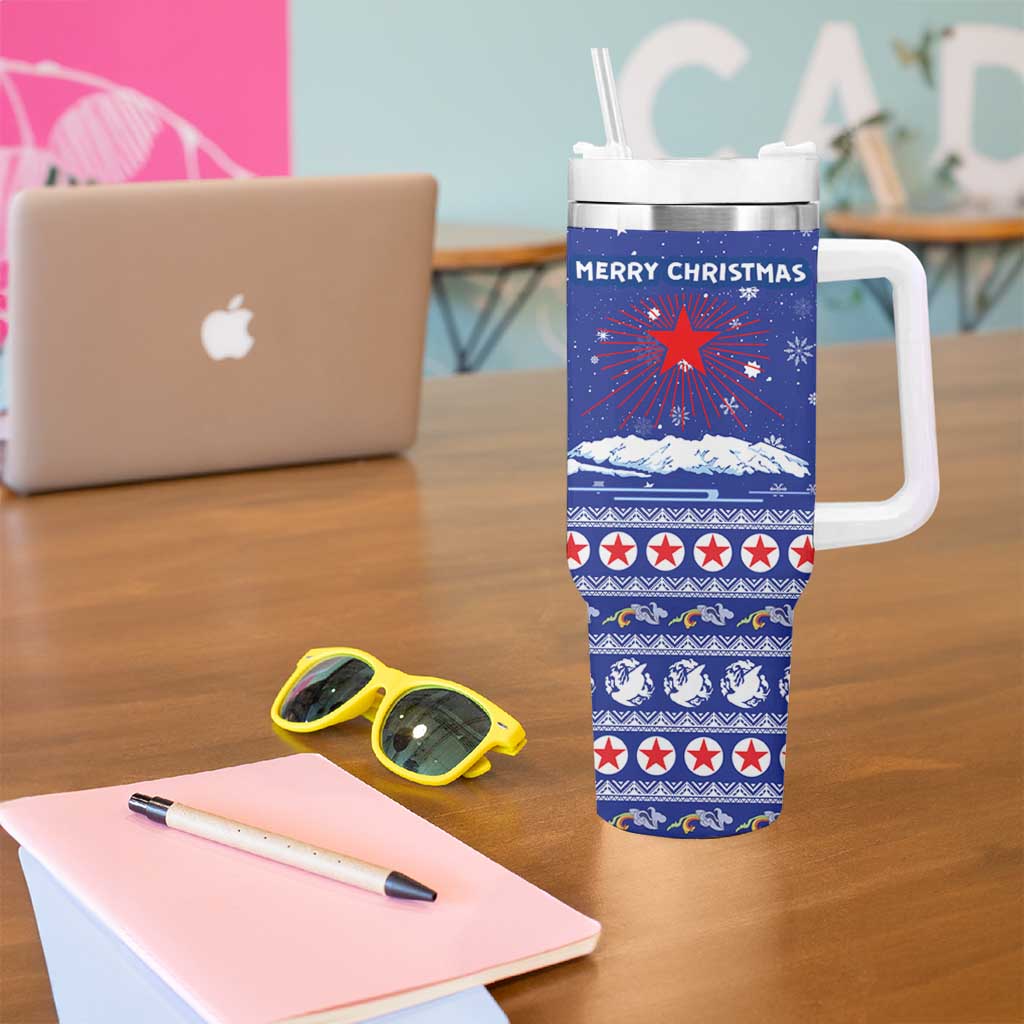 North Korea Christmas Tumbler With Handle with Blue Pattern, Red Star, and Snowy Mountain Motif - Wonder Print Shop