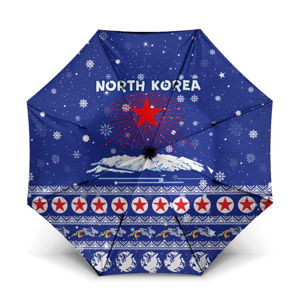 North Korea Christmas Umbrella with Blue Pattern, Red Star, and Snowy Mountain Motif - Wonder Print Shop
