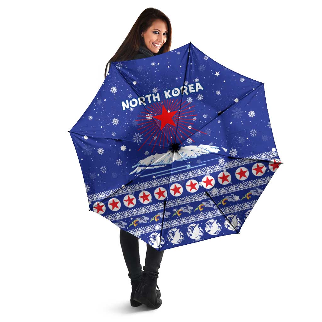 North Korea Christmas Umbrella with Blue Pattern, Red Star, and Snowy Mountain Motif - Wonder Print Shop