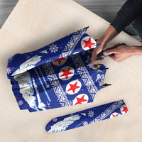 North Korea Christmas Umbrella with Blue Pattern, Red Star, and Snowy Mountain Motif - Wonder Print Shop