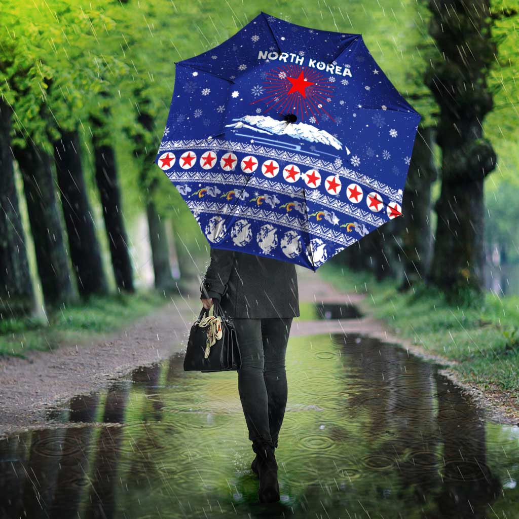 North Korea Christmas Umbrella with Blue Pattern, Red Star, and Snowy Mountain Motif - Wonder Print Shop