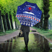 North Korea Christmas Umbrella with Blue Pattern, Red Star, and Snowy Mountain Motif - Wonder Print Shop