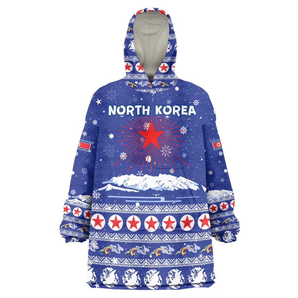 North Korea Christmas Wearable Blanket Hoodie with Blue Pattern, Red Star, and Snowy Mountain Motif - Wonder Print Shop